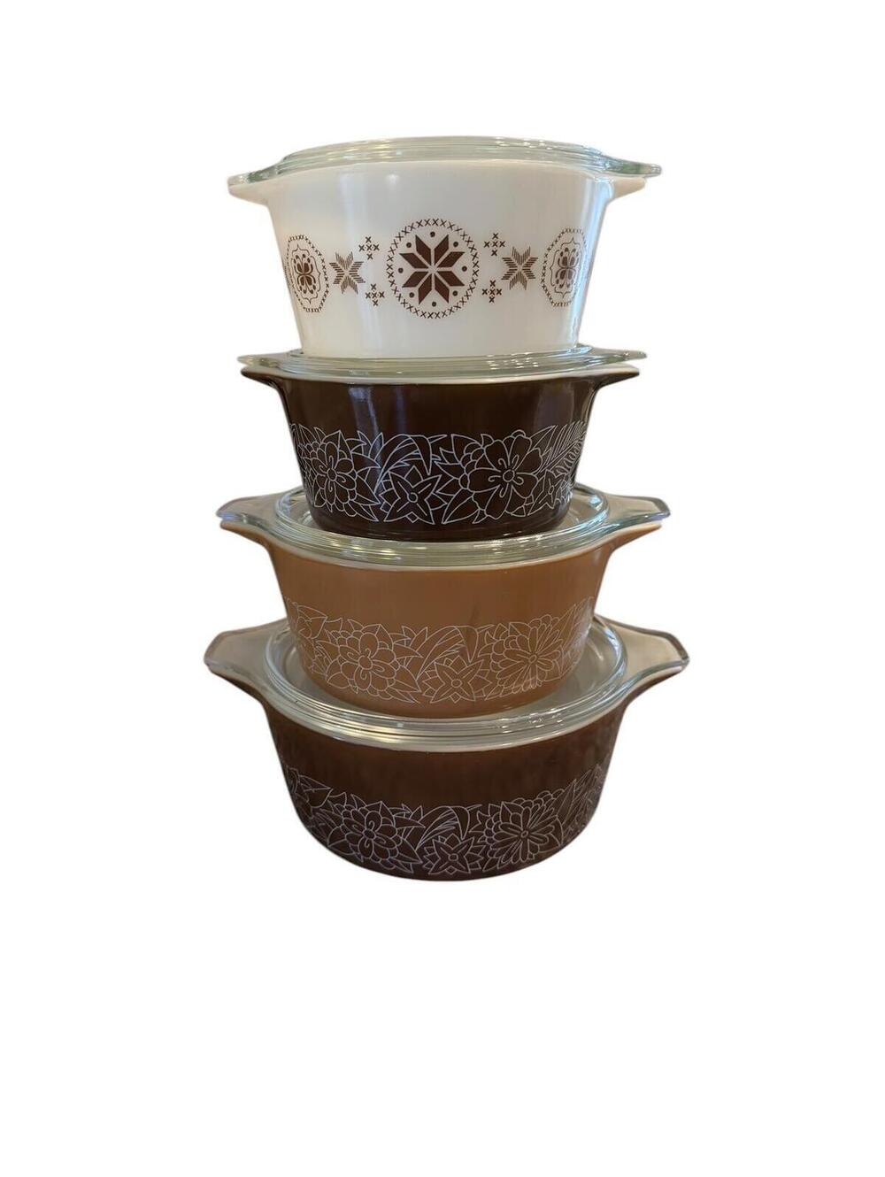 PYREX Woodland Brown 4 Piece Casserole Dish Set & Lids 471-B 472-B 473-B 475-B